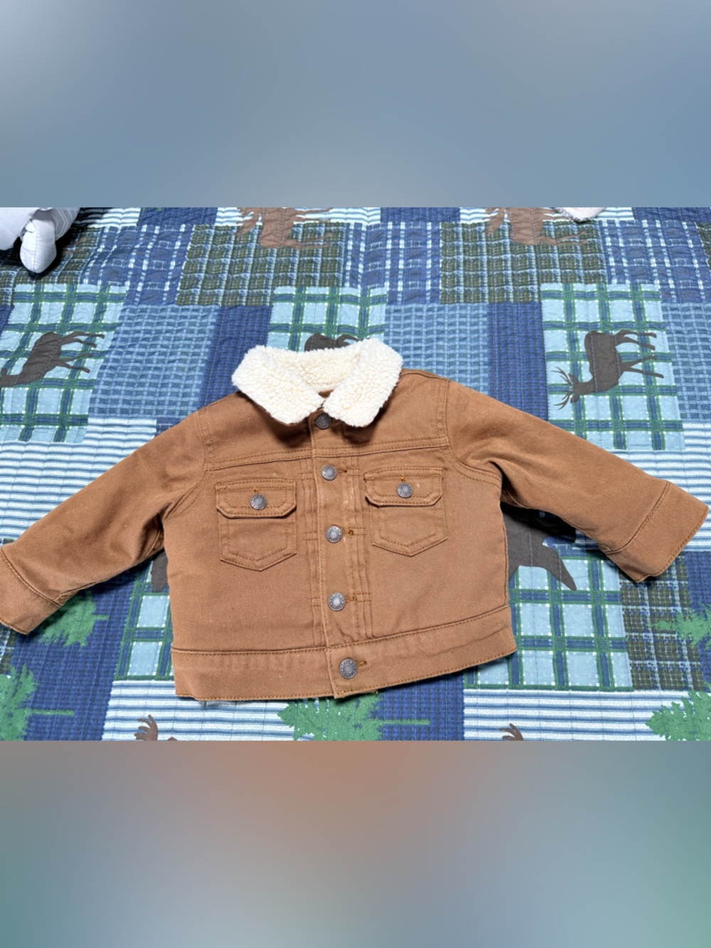 Gap Denim Sherpa Jacket Infants Khaki Size 6-12 Euc